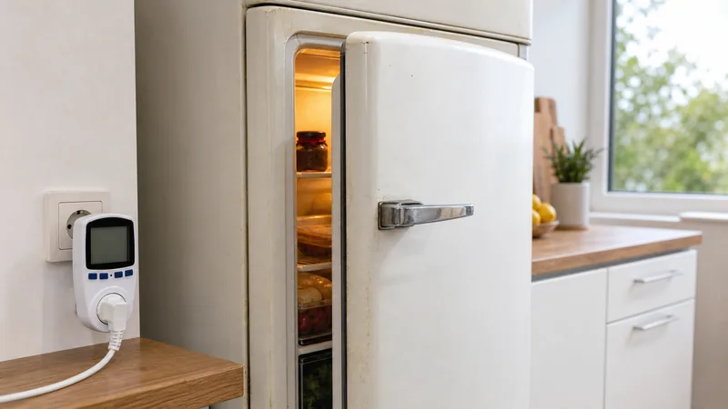 Kuehlschrank mit Strommessgeraet in Kueche